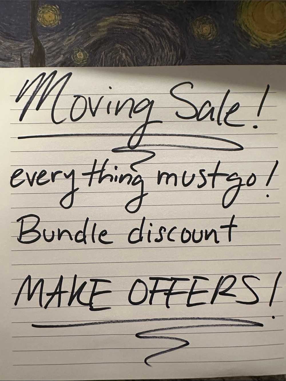 Handwritten Moving Sale Sign - Black Ink on White Paper